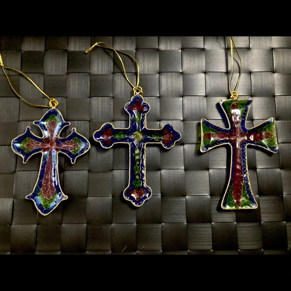 Vintage Plique a Jour CLOISONNE Enamel Stained Glass Floral Cross Ornaments